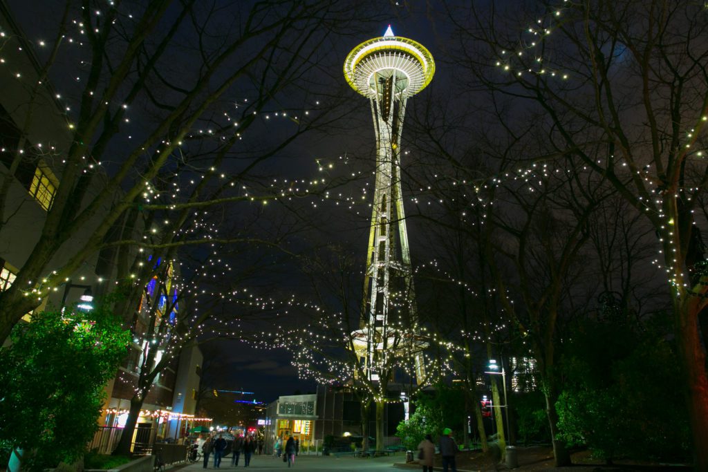 Seattle Center winter lights outside Armory and Space Needle