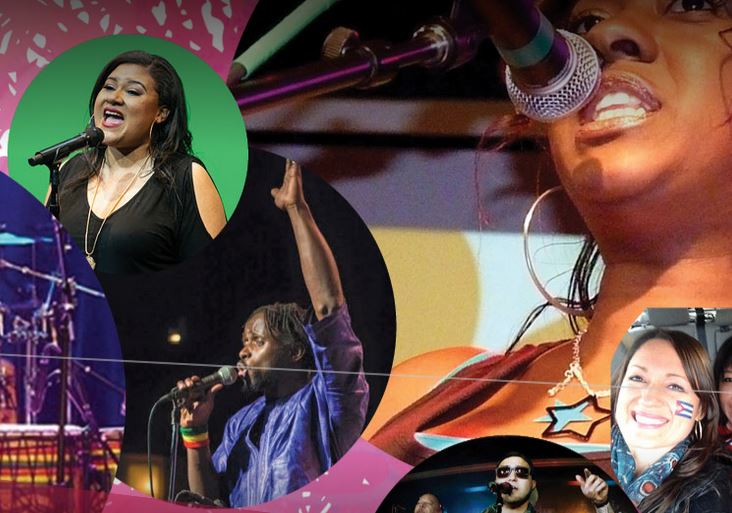 Image collage of people singing and one female smiling.
