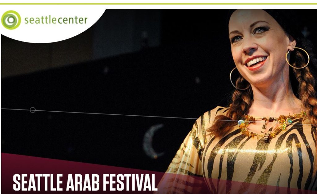 Image of woman smiling, wearing large hoop earrings. Text: Seattle Arab Festival