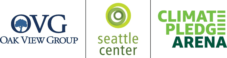 Logos for OVG (Oak View Group). Tree in a circle; Seattle Center (three circles overlapping); Climate Pledge Arena