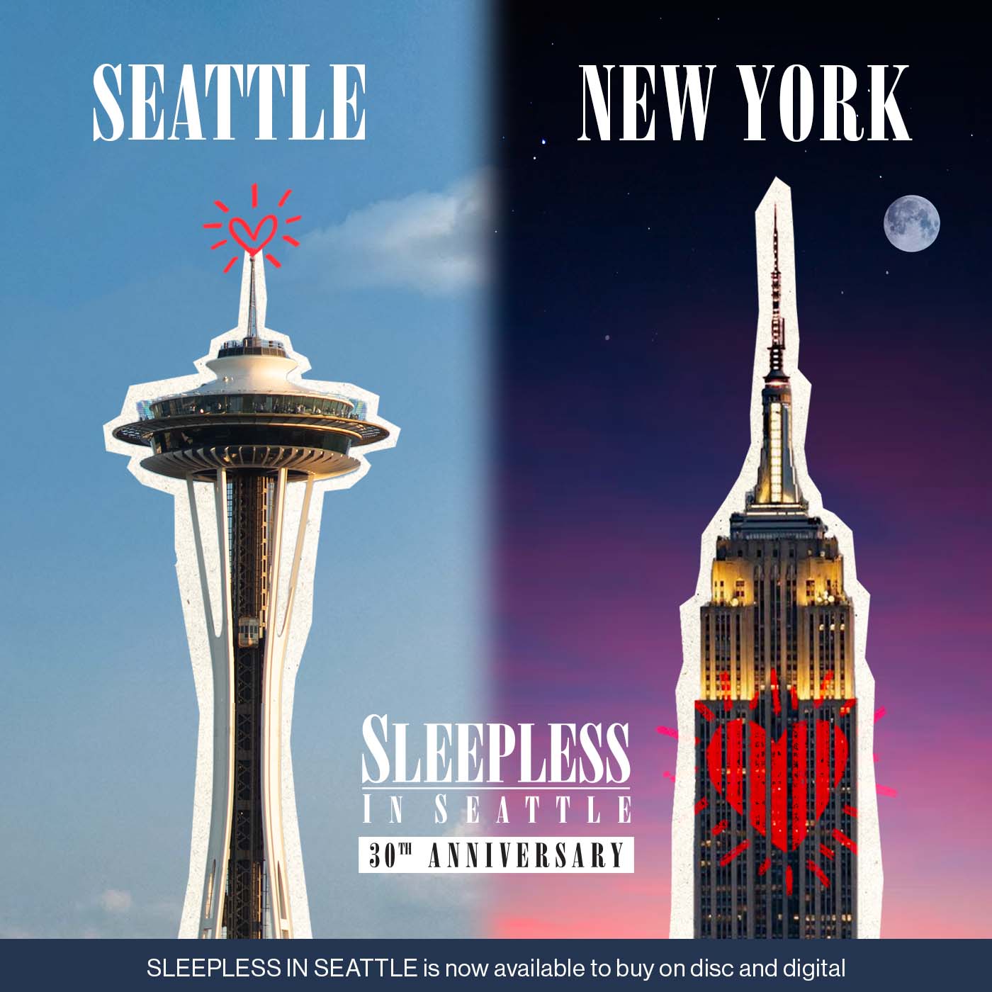 Decorative image. Seattle Space Needle and New York Empire State Building. Text: SLEEPLESS IN SEATTLE is now available to buy on disc and digital