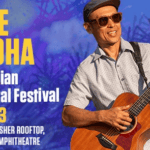 Live Aloha marketing image of a man playing a guitar, text