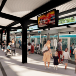 Photo rendition of what the upgrades to the Seattle and Seattle Center Monorail renovation will look like. Image: People entering into a monorail or waiting on the platform. TV monitors, beam structure with cover